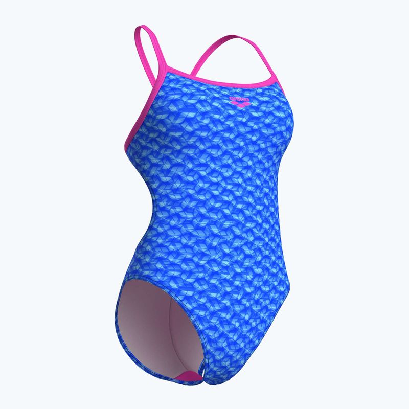 Women's one-piece swimsuit arena Monogram Challenge back blue river multi/shocking pink 3