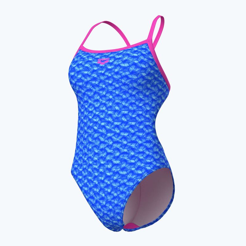 Women's one-piece swimsuit arena Monogram Challenge back blue river multi/shocking pink 4